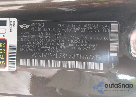 2008 Mini Cooper Clubman from USA, damaged, VIN WMWML33578TN67718